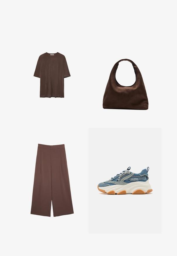 Brun kortærmet t-shirt lavet af blødt stof, med rund halsudskæring og en afslappet pasform. Glat overflade uden mønstre eller detaljer.; Brune bredbunde bukser med en glat tekstur, der har høj talje og plisseringer foran. Stoffet er let og falder løst.; Denim sneakers med et lagdelt blåt design, frynsede detaljer, en hvid chunky sål og en gummibund i brun farve for godt greb.; Blød brun hobo-stil håndtaske med en enkelt bred strop og en buet åbning på toppen, vist på en hvid baggrund.