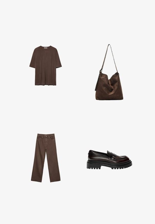Hnedé tričko s krátkym rukávom vyrobené z mäkkej textílie, s okrúhlym výstrihom a uvoľneným strihom. Hladká štruktúra bez vzorov alebo akcentov.; Džínsy s širokými nohavicami v hnedej farbe, vyrobené z denimu, so zvýšeným pásom, prednými vreckami a klasickým zapínaním na gombík. Hladká textúra s jemným prešívaním.; Tmavo hnedé lesklé kožené mokasíny s masívnou čiernou profilovou podrážkou a klasickým dizajnom pásku na mince.; Hnedá semišová kabelka hobo s zakriveným vrchom, dlhým popruhom s bodkovanými akcentmi a jemnou textúrou. Má uvoľnený dizajn pre každodenné nosenie.
