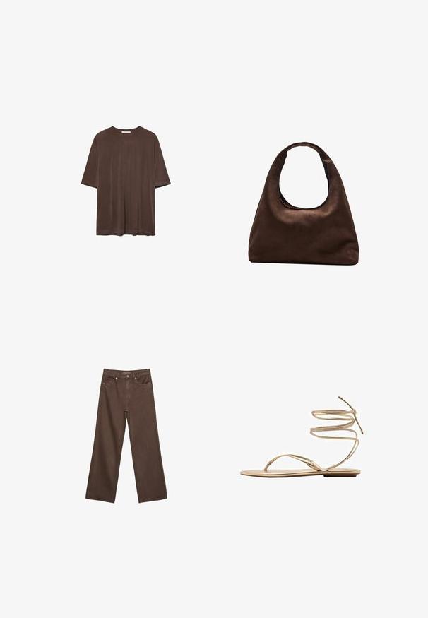 Hnedé tričko s krátkym rukávom vyrobené z mäkkej textílie, s okrúhlym výstrihom a uvoľneným strihom. Hladká štruktúra bez vzorov alebo akcentov.; Džínsy s širokými nohavicami v hnedej farbe, vyrobené z denimu, so zvýšeným pásom, prednými vreckami a klasickým zapínaním na gombík. Hladká textúra s jemným prešívaním.; Zlaté ploché sandále s tenkými, špirálovými popruhmi na členku, otvorenou špičkou a minimalistickou podrážkou. Majú hladký, metalický povrch.; Svetlohnedá kabelka v štýle hobo s jedným širokým popruhom a zakriveným otváraním na vrchu, vystavená na bielom pozadí.