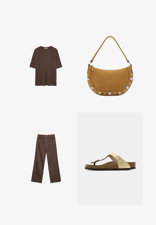 T-shirt marrone a maniche corte realizzato in tessuto morbido, con scollo rotondo e vestibilità comoda. Texture liscia senza motivi o dettagli.; Jeans a gamba larga marroni in denim, con vita alta, tasche anteriori e chiusura a bottone classica. Tessuto liscio con cuciture sottili.; Sandalo con sottopiede in sughero di colore oro chiaro, con design a infradito e fibbia regolabile. Presenta una suola testurizzata per una migliore aderenza. Schema di colori neutri.; Borsa in suede a forma di mezzaluna color marrone chiaro, con zip superiore, lunga tracolla e borchie metalliche lungo il bordo inferiore.