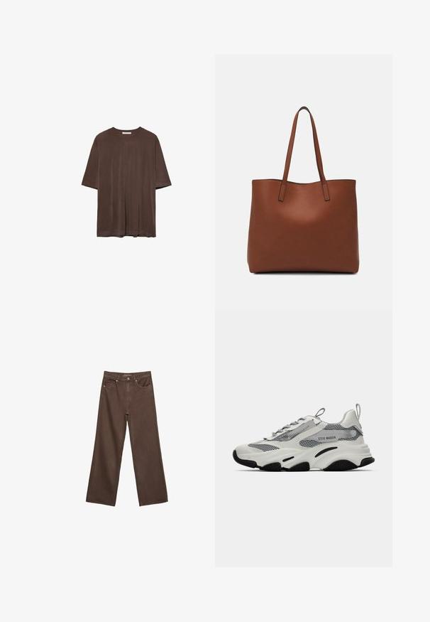 Bruine korte mouwen t-shirt van zachte stof, met een ronde halslijn en een relaxte pasvorm. Soepele textuur zonder patronen of accenten.; Brede bruine spijkerbroek van denim, met een hoge taille, voorzakken en een klassieke knoopsluiting. Soepele textuur met subtiele stiksels.; Witte sport sneakers met mesh panelen, grijze accenten en zwarte rubberen zolen. Voorzien van veters, een trekband en merkaanduiding.; Bruine leren tote bag met een gladde textuur, een ontwerp met een open bovenkant en twee schouderbanden. Kenmerkt zich door minimale stiksels en geen zichtbare hardware.