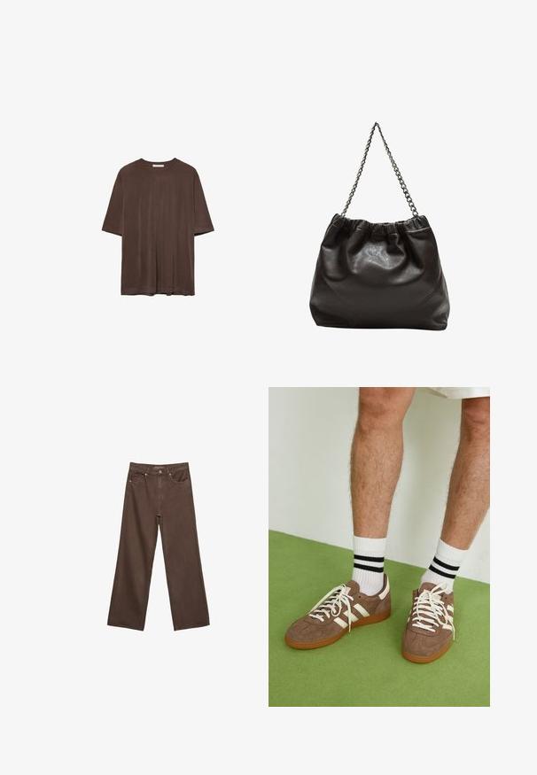 Rjava kratka majica s kratkimi rokavi, izdelana iz mehkega materiala, z okroglim izrezom in sproščenim krojem. Gladka tekstura brez vzorcev ali dodatkov.; Široke rjave kavbojke iz denima, ki imajo visok pas, sprednje žepe in klasično zapiranje na gumb. Gladka tekstura s subtilnim šivom.; Rjavi semiš športni čevlji z belimi detajli in vezalkami. Gumijast podplat. Nošeni z belimi nogavicami z črnimi črtami. Zelena teksturirana talna obloga.; Rjava usnjena torba z nabranim vrhom in verižnim trakom. Gladka tekstura z sijajno površino in subtilnimi šivi na straneh.