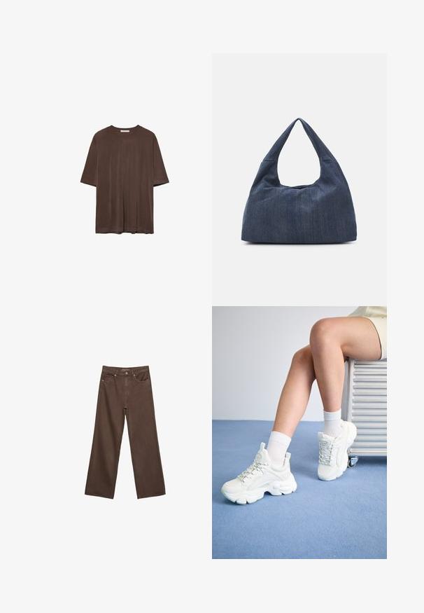 Ruskea lyhythihainen t-paita, joka on valmistettu pehmeästä kankaasta. Paita on pyöreäkauluksinen ja rento leikkaukseltaan. Pintakuvasto on sileä ilman kuvioita tai koristeita.; Leviittävät ruskeat farkut, jotka on valmistettu denimistä, korkea vyötärö, etutaskut ja klassinen nappikiinnitys. Silkkinen pinta hienovaraisella ompelutyöllä.; Valkoiset nauhakenkät, joissa on paksu pohja, sileä synteettinen materiaali, tekstuuriset yksityiskohdat ja vetolenkki kantapäässä.; Tumma sininen denimi laukku, jossa on pehmeä ja löysä muoto, hobo-tyylinen kahva ja teksturoitu pinta. Ei näkyviä metalliosia.