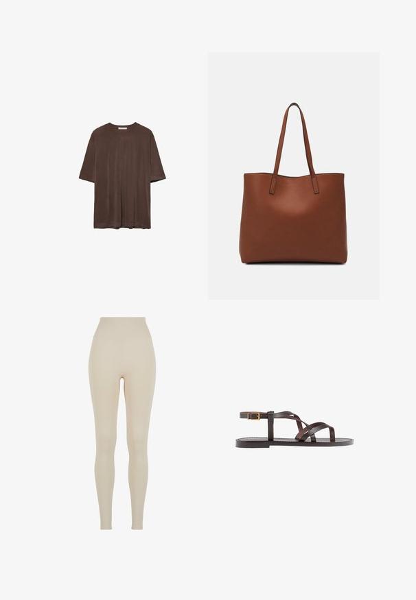 Hnědé tričko s krátkým rukávem vyrobené z měkké tkaniny, s kulatým výstřihem a volným střihem. Hladký povrch bez vzorů nebo akcentů.; Béžové legíny vyrobené z elastického materiálu s vysokým pasem; hladký povrch, přiléhavý střih, žádné viditelné vzory nebo detaily ze slitin.; Hnědé kožené sandály s kříženými pásky, uzavřením na přezku u kotníku a plochou podrážkou s minimem švů.; Hnědá kožená taška přes rameno s hladkou texturou, otevřeným designem a dvěma ramenními popruhy. Obsahuje minimální švy a žádné viditelné kovové prvky.