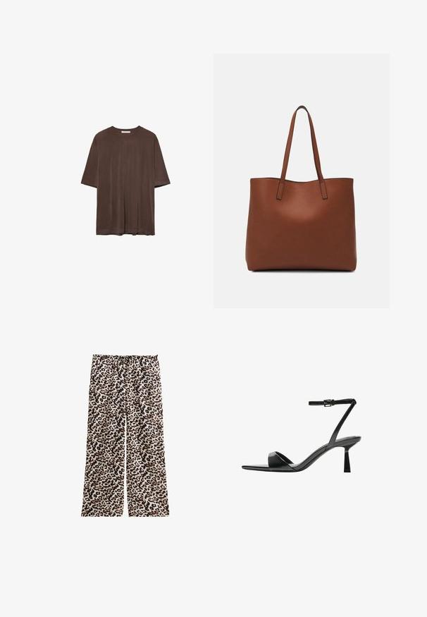 Brun kortärmad t-shirt i mjukt tyg, med rund halsringning och en avslappnad passform. Slät yta utan mönster eller detaljer.; Leopardmönstrade byxor med avslappnad passform, i tonala bruna och svarta färger på en ljusbeige bakgrund, justerbart dragsnöre i midjan.; Bershka Sandaletter - black; Brun läder tote-väska med en slät textur, öppen toppdesign och två axelremmar. Har minimal söm och ingen synlig metalldetalj.
