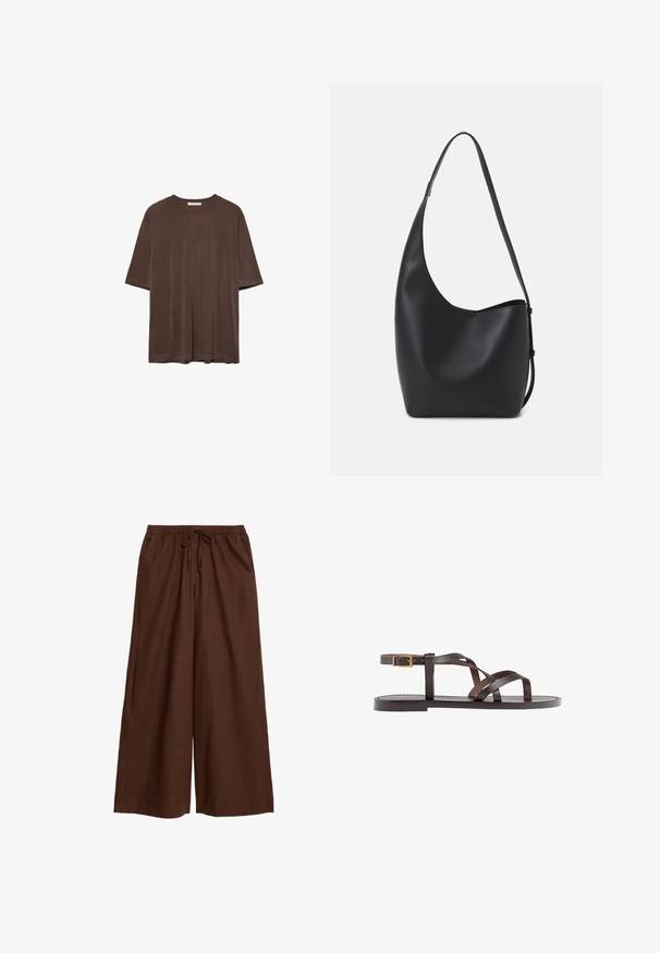 T-shirt marron à manches courtes en tissu doux, avec un col rond et une coupe décontractée. Texture lisse sans motifs ni accents.; Pantalons amples bruns en tissu léger, dotés d'une taille élastique avec un cordon de serrage et de poches latérales.; Sandale en cuir marron avec des brides entrecroisées, une fermeture à boucle à la cheville et une semelle plate avec des détails de couture minimaux.; Sac hobo en cuir noir avec une texture lisse, une forme incurvée et une seule sangle réglable ; dispose d'une large ouverture en haut.