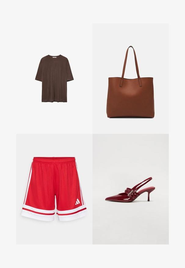 T-shirt marrone a maniche corte realizzato in tessuto morbido, con scollo rotondo e vestibilità comoda. Texture liscia senza motivi o dettagli.; Pantaloni sportivi rossi con vita elastica, strisce bianche ai lati e dettagli bianchi all'orlo. Presentano il logo Adidas in bianco.; Décolleté slingback in vernice rossa con punta affusolata, due cinturini con fibbia e un sottile tacco a stiletto di media altezza. Texture liscia.; Borsa tote in pelle marrone con texture liscia, design con apertura superiore e due spallacci. Presenta cuciture minime e nessun hardware visibile.