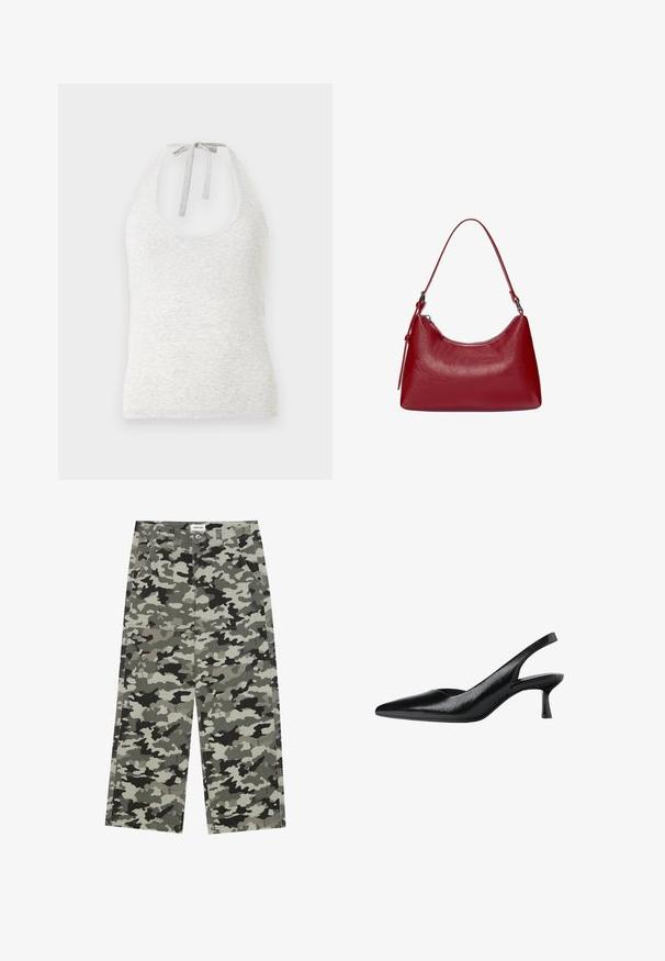 Hellgrau Haltertop aus weichem Stoff mit abgerundetem Ausschnitt und einem Knoten am Rücken, der eine dezente Textur aufweist.; YOURTURN UNISEX - Jeans Relaxed Fit - grey/black; Schwarze Slingback-Pumps mit spitzem Zehenbereich, aus strukturiertem synthetischem Material, mit einem schmalen Absatz und einem offenen Seitenlayout.; Rote Leder-Schultertasche mit einem geschwungenen Design, glatter Textur und einem Reißverschluss. Sie verfügt über einen dünnen Henkel zum Tragen.