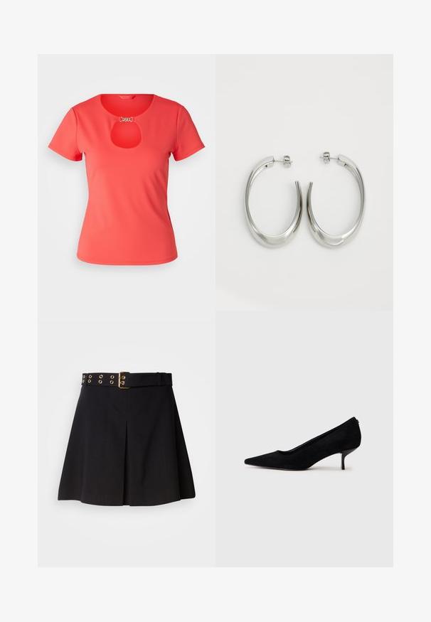 Koralā krāsas īsām piedurknēm T-krekls ar apaļu dekoltē un atslēgas imanta detaļu krūtīs, izgatavots no gludas auduma. Akcentēts ar sudraba elementiem.; Melnā pleatota svārku ar plašu jostu, kas rotāta ar zelta metāla detaļām un acs caurumiem, izgatavota no gludas auduma, veidota pielāgotam piegriezumam.; Melnas zamšādas augstpapēžu kurpes ar vienu punktētu purngalu un šauru, zemu papēdi. Gluda tekstūra ar elegantu dizainu, bez redzamiem aksesuāriem.; Sudraba riņķveida auskari ar gludu, izliekta dizaina formu. Iezīmējas ar spīdīgu metāla apdari un pievienojamu aizdari. Nav redzamu rakstu vai akcentu.