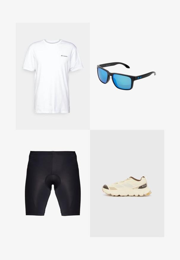 T-shirt bianco in cotone con maniche corte, colletto rotondo e un piccolo logo nero Columbia sul petto sinistro. Design semplice e morbido.; Shorts da ciclismo neri realizzati in tessuto elasticizzato, con una zona imbottita per la sella, texture liscia e un design aderente per garantire comfort.; Scarpa atletica beige chiaro con tomaia testurizzata, accenti marroni e suola spessa e robusta. Presenta pannelli in mesh e una linguetta sul retro.; Occhiali da sole neri eleganti con lenti a specchio blu, montatura quadrata e dettaglio blu sulla tempia. Realizzati in materiale plastico leggero.