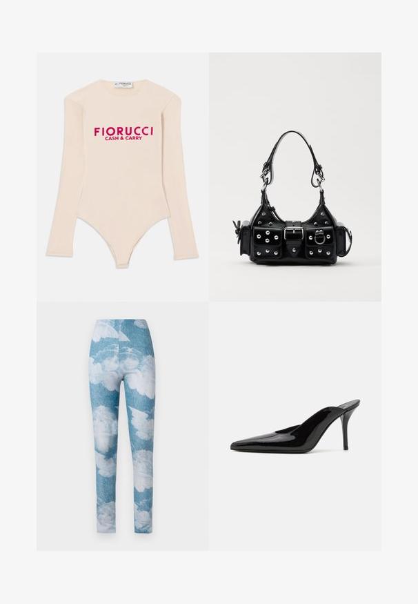 Bodysuit z dolgimi rokavi v nude barvi, izdelan iz mehkega materiala, s širokim izrezom in bold roza logotipom "Fiorucci CASH & CARRY" čez prsi.; Leggings z modrim denim vzorom in belimi oblačili. Tkanina se zdi elastična z oprijetim dizajnom in dolžino do gležnjev.; Črne patentirane čevlje s peto, z usko silhueto in koničastim nosom, z odprtim hrbtom in vitko stiletto peto.; Črna usnjena torbica s ukrivljenim dizajnom, ki vsebuje srebrne žebljičke, zaponko in dve stranski žepki. Nastavljiv trak za različne možnosti nošenja.