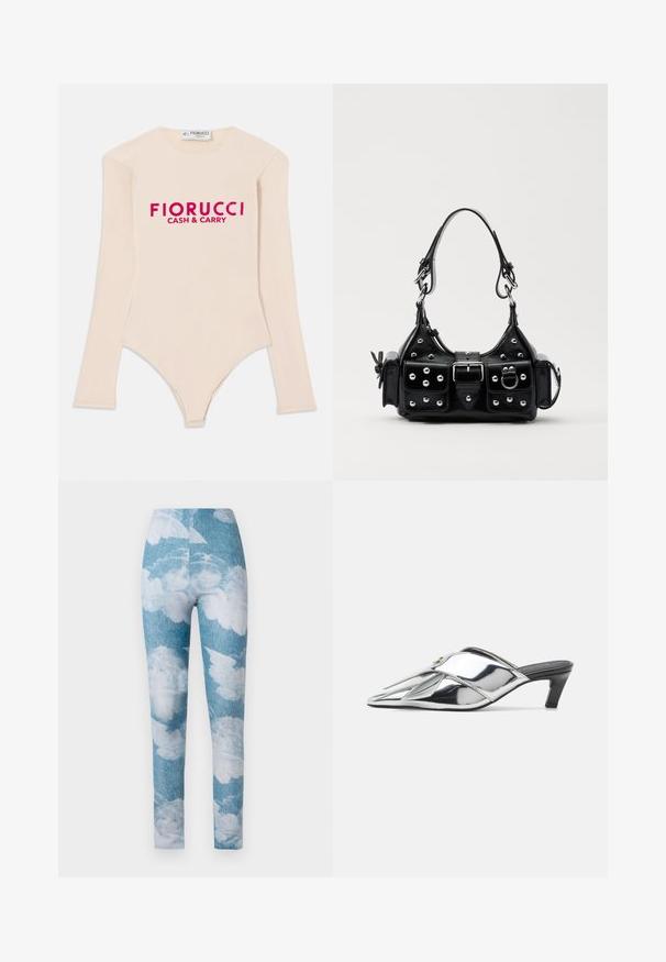 Langærmet nude bodysuit lavet af blødt stof, med en scoop-halsudskæring og en iøjnefaldende pink "Fiorucci CASH & CARRY" logo på tværs af brystet.; Leggings med en blå denim baggrund og hvide sky mønstre. Stoffet synes strækbart med en tætsiddende design og ankel længde.; Sølvmetallic hæl-mules med spids tå, krydsede stropper, en lille blokhæl og en glat, blank overflade.; Sort læderhåndtaske med et buet design, prydet med sølvfarvede nitter, en spænde og to sidelommer. Justerbar rem til forskellige bære muligheder.