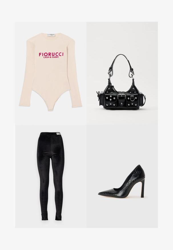 Hosszú ujjú, meztelen színű bodysuit, puha anyagból készült, lekerekített nyakkivágással és feltűnő rózsaszín "Fiorucci CASH & CARRY" logóval a mellrészen.; Fekete bársonyos leggings magas derékkal, sima textúrával és testhez álló dizájnnal; a derékpánton márkás címke található.; Fekete hegyes orrú magassarkú cipő krokodilbőr textúrával, letisztult dizájnnal, magas tűsarkú és sima fekete belső résszel.; Fekete bőr kézitáska ívelt designnal, ezüst szegecsekkel, csattal és két oldalsó zsebbel. Állítható vállpánt a hordozási lehetőségekhez.