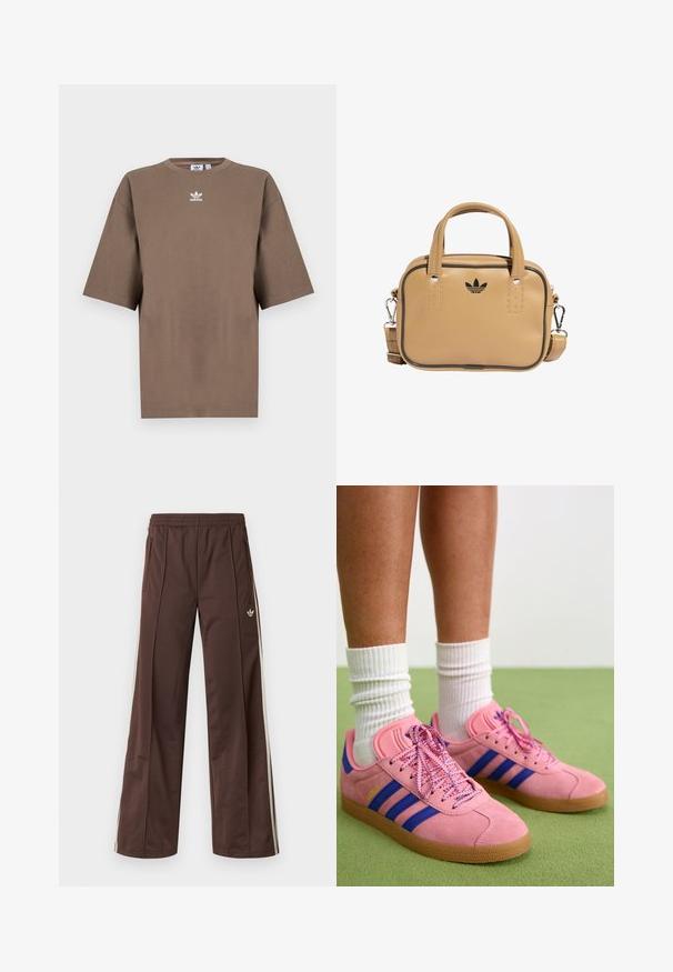 T-shirt de algodão castanho com mangas curtas, decote redondo e logo branco da Adidas centrado no peitoral, apresentando um design simples e um corte descontraído.; Calças desportivas castanhas com design de perna larga, riscas laterais brancas, cintura elástica e dois bolsos laterais. Apresentam um pequeno logótipo na perna.; Ténis de camurça rosa com riscas azuis e atacadores a condizer. Apresenta uma sola de borracha texturizada e meias brancas caneladas semelhantes a um par de meias.; Bolsa de couro vegan bege com duas alças, alça de ombro destacável, costura de destaque preta e um pequeno logótipo preto na parte frontal.