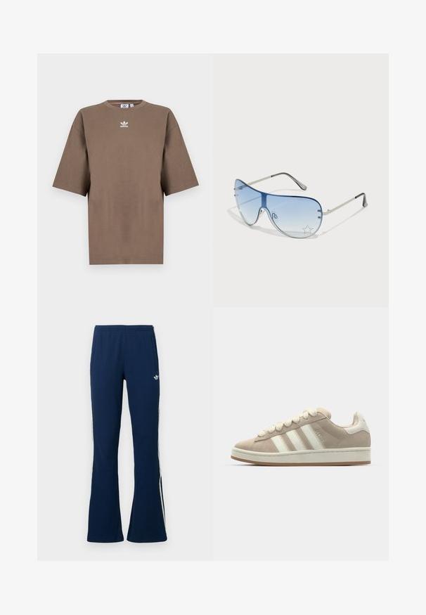 Brūna kokvilnas T-krekls īsām piedurknēm, apaļa kakla izgriezums, ar baltu Adidas logo centrā krūtīs, ar vienkāršu dizainu un brīvu piegriezumu.; Tumši zili riboti izplesti sporta bikses ar baltām sānu svītrām un izšūtu logotipu kreisajā pusē, tajās ir divas sānu kabatas.; Kasta zamšas tenisa kurpes ar baltām ādas svītrām un šņorēm, gumijas zole, mīkstināta apkakle un struktūrēti detaļas augšpusē.; Pilotstila saulesbrilles ar gradienta zilām lēcām, sudraba metāla rāmjiem un dekoratīvām zvaigžņu akcentiem uz lēcām. Gluda un eleganta dizaina.