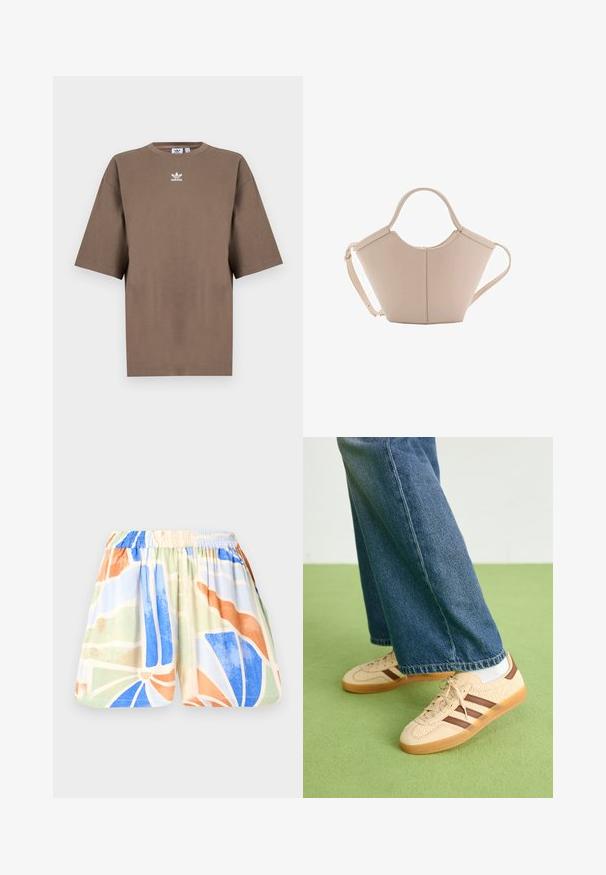 Tricou din bumbac de culoare maronie, cu mâneci scurte, guler rotund și logo-ul alb Adidas centrat pe piept, având un design simplu și o croială relaxată.; Shorts dintr-un material ușor, cu talie elastică. Prezintă un model geometric multicolor în nuanțe de albastru, portocaliu, verde și bej.; Tenisi bej cu panouri texturate de culoare crem și dungi maro, asortați cu blugi din denim albastru. Blugii au un croi larg și o margine desfăcută.; Geantă de mână bej din piele cu o formă unică, dotată cu două mânere scurte și o curea lungă ajustabilă. Textură netedă, cu hardware minim.