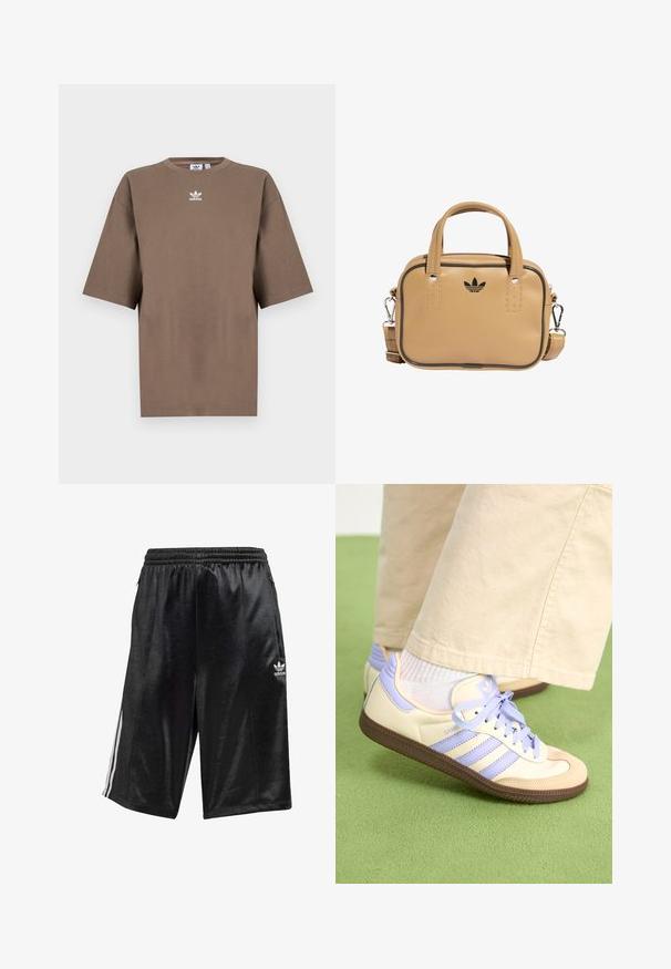 Ruskea puuvillapaita lyhyillä hihoilla, pyöreällä kauluksella ja valkoisella Adidas-logolla, joka on keskitetty rintaan. Paidassa on yksinkertainen muotoilu ja rento istuvuus.; Musta urheilushortsit, jotka on valmistettu sileästä kankaasta. Shortsissa on nyöri vyötäröllä, sivutaskut ja kolme valkoista raitaa sivuilla.; Kermasilta ja laventelilta näyttävät lenkkarit kolmella raidalla ja teksturoidulla ruskealla pohjalla, varustettuna nauhoilla ja pehmustetulla kantapäällä. Pehmeä kangaspinta.; Beige nahka-tube laukku, jossa on kaksi kahvaa, irrotettava olkahihna, mustat korostusompeleet ja pieni musta logo edessä.