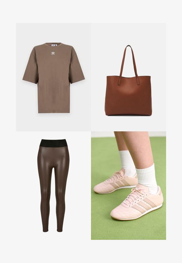 Tricou din bumbac de culoare maronie, cu mâneci scurte, guler rotund și logo-ul alb Adidas centrat pe piept, având un design simplu și o croială relaxată.; Leggings din piele sintetică maro cu un talie neagră înaltă, având un finisaj neted și lucios și un design ajustat până la gleznă.; Pantofi sport de culoare roz deschis, cu cusături diagonale, tălpi albe și trei dungi laterale. Purtați cu șosete albe cu model în relief pe o suprafață verde.; Geantă de umăr din piele maro cu o textură netedă, design cu vârf deschis și două curele pentru umăr. Prezintă cusături minime și fără componente metalice vizibile.