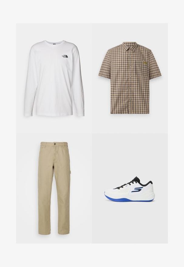 Valkoinen pitkähihaisen T-paita, joka on valmistettu puuvillasta ja jossa on pyöreä kaula-aukko. Rintamuksessa on pieni musta logo. Sileä kangas, normaali malli.; Lyhythihainen ruudullinen paita beige-värissä, jossa on tummansinisiä ja ruskeita ruutuja. Paidassa on rintatasku sekä keltainen logo taskussa.; Haitari puuvillaiset housut suoralinjaisella muotoilulla, joissa on etupainike, viisi taskua ja sivu cargo-tasku.; Valkoiset urheilukengät sinisillä yksityiskohdilla ja mustilla nauhoilla. Varustettu verkkomaisilla paneeleilla ja pehmustetulla pohjalla tuen ja mukavuuden vuoksi.