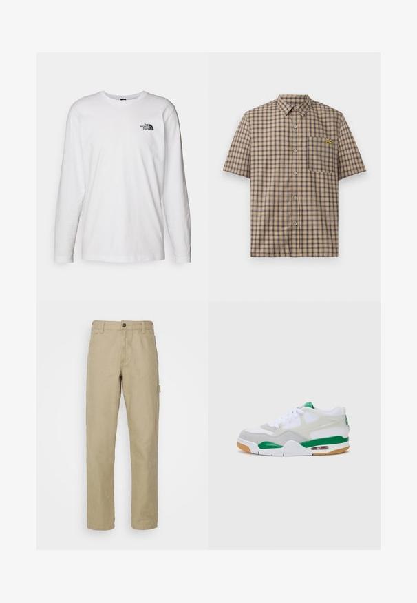White long-sleeve T-shirt made of cotton with a crew neck. Features a small black logo on the chest. Smooth texture, regular fit.; Short-sleeve plaid shirt in beige with navy and brown squares, featuring a chest pocket and a yellow logo on the pocket.; Beige cotton trousers with a straight-leg design, featuring a front button closure, five pockets, and a side cargo pocket.; White sneaker with gray suede accents, green details, a visible air unit, and a rubber outsole. Features a lace-up design and padded collar.