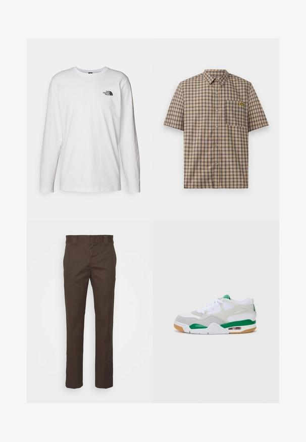 White long-sleeve T-shirt made of cotton with a crew neck. Features a small black logo on the chest. Smooth texture, regular fit.; Short-sleeve plaid shirt in beige with navy and brown squares, featuring a chest pocket and a yellow logo on the pocket.; Brown pants made from durable fabric, featuring a straight-leg design, a standard waistband, and side pockets for functionality.; White sneaker with gray suede accents, green details, a visible air unit, and a rubber outsole. Features a lace-up design and padded collar.