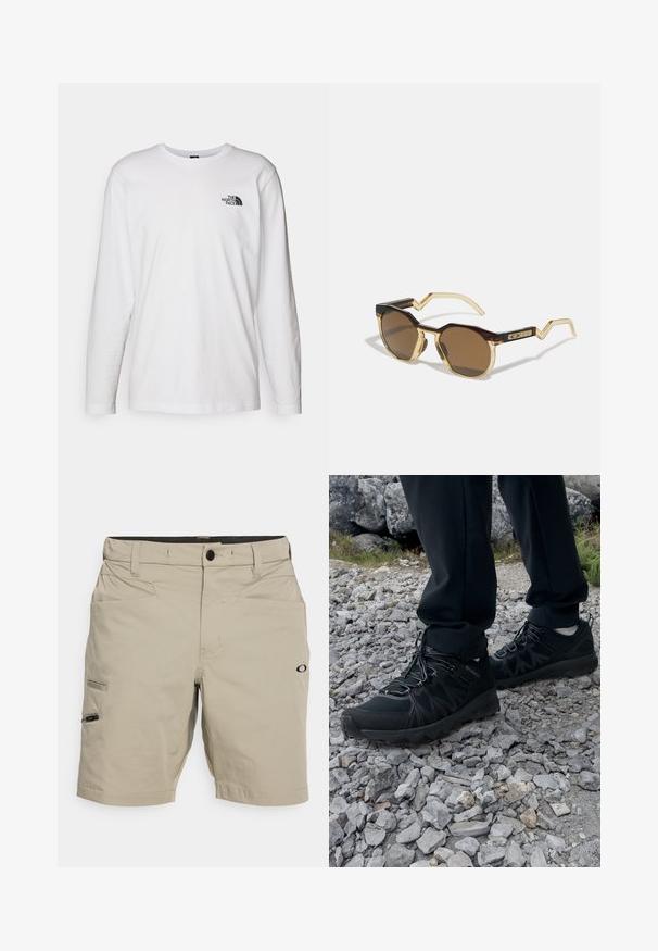 Camiseta de manga larga blanca de algodón con cuello redondo. Presenta un pequeño logotipo negro en el pecho. Textura suave, corte regular.; Pantalones cortos de cargo beige hechos de tejido resistente, con cierre de botón, múltiples bolsillos y un acento de logo en la parte inferior de la pierna.; Zapatos exteriores negros con malla y material sintético, que presentan un upper texturizado, un sistema de cordones seguro y una suela robusta, sobre terreno rocoso.; Gafas de sol redondas de color marrón con montura de carey y claro tono amarillo, brazos angulares y detalles texturizados en las patillas.