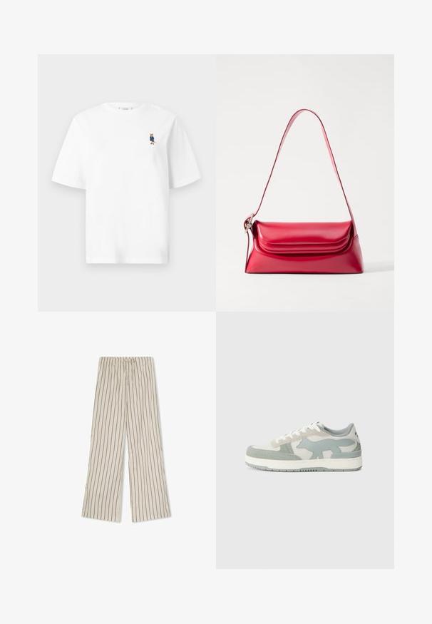 Fehér pamut póló rövid ujjakkal, bal mellen egy kis hímzett rókával, kék kabátban.; Könnyű, krémszínű anyagú nadrág, függőleges barna csíkokkal, rugalmas derékkal, zsinórral, és széles lábakkal.; Cipők világosszürke és menta zöld nubuk bőrből, oldalán egy jellegzetes róka logóval és fehér cipőfűzőkkel.; Piros bőr kézitáska strukturált formával, sima felülettel és egyetlen állítható pánttal. Lekerekített fedélzár funkcióval rendelkezik.