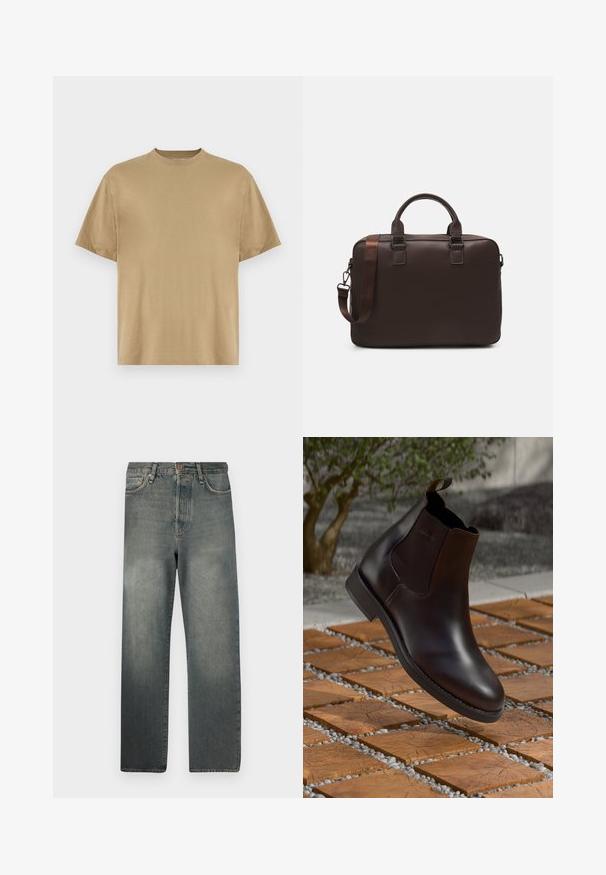 Khaki krāsas īsu piedurkņu T-krekls, izgatavots no mīkstas auduma, ar apaļu dekoltē un brīvu piegriezumu. Nav redzami raksti vai grafiki.; Jack & Jones JJIALEX JJCOOPER - Plati džinsi - black denim; Brūni ādas čelsijas zābaki ar elastīgām sānu daļām, vilkšanas cilpu un gludu apdari, novietoti uz teksturētas ķieģeļu un grants virsmas.; Brūna ādas portatīvo datoru soma ar teksturētu virsmu, divām augšējām rokturiem, regulējamu siksnu un diviem priekšējiem sprādzēm, lai pievienotu papildu detaļas.