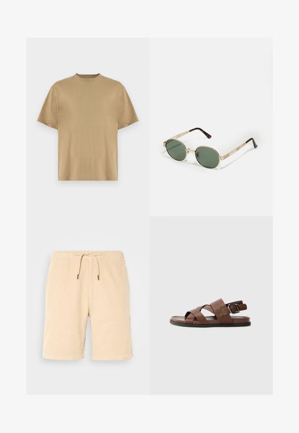 T-shirt khaki à manches courtes en tissu doux, avec un col rond et une coupe décontractée. Aucun motif ou graphique visible.; Shorts en velours côtelé beige avec une taille élastique et un cordon de serrage. Dispose de poches latérales et d'une coupe droite. Texture douce et finition lisse.; Sandales en cuir marron avec des lanières croisées, boucle ajustable, semelle plate et texture lisse. Design minimaliste dans une couleur neutre.; Lunettes de soleil rondes avec des verres verts, monture en métal doré, branches allongées et accents en écaille de tortue sur les embouts.