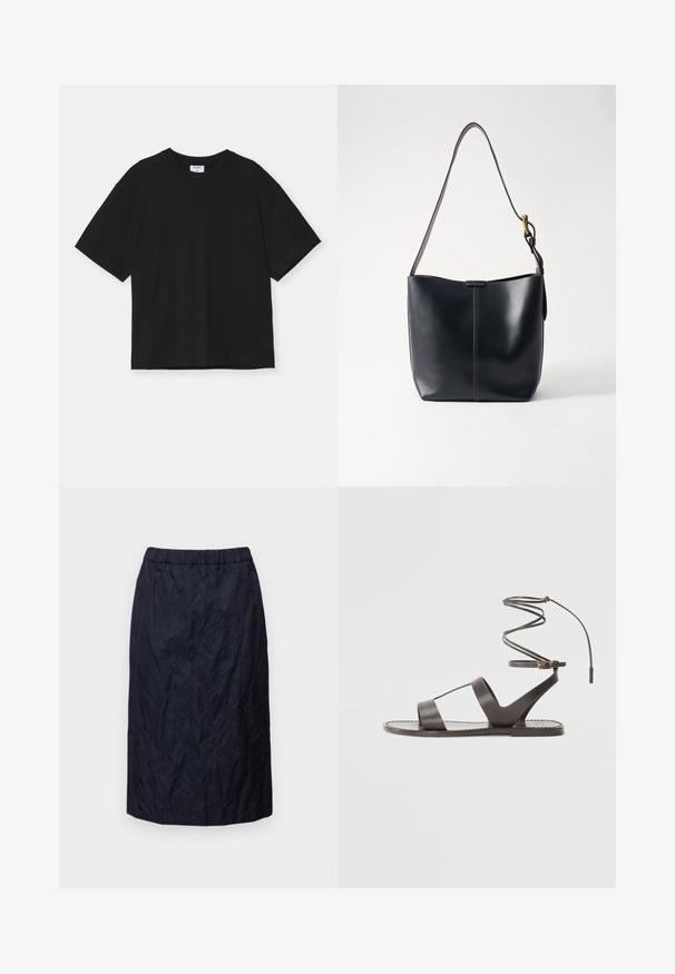 Sort kortærmet t-shirt lavet af bomuld. Den har en afslappet pasform, rund halsudskæring og ingen synlige mønstre eller udsmykninger.; Mørkeblå blyantskørt i et krøllet stof, med elastisk talje, knælængde design og glat tekstur.; Brun lædersandal med flad sål, der har et minimalistisk design, buet ankelrem og flere udskæringer for åndbarhed.; Sort læder skuldertaske med en glat overflade, der har en tynd, lang rem og en subtil syet detalje ned langs midten.