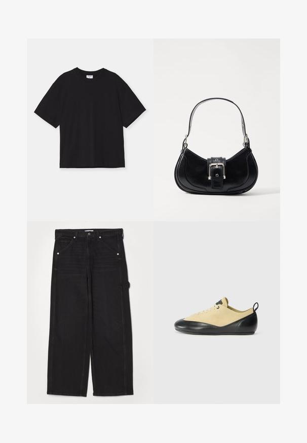 Crna majica kratkih rukava izrađena od pamuka. Ima opušteni kroj, okrugli izrez i bez vidljivih uzoraka ili ukrasa.; RE/DONE PAINTER JEAN - Traperice opuštenog kroja - crafted black; Peta za penjanje u smeđem zamahu s crnim gumiranim vrhom, zatvaranje na vezanje i traka za vuču na peti za jednostavno oblačenje. Elegantan i nizak dizajn.; Crna kožna torbica s zakrivljenim dizajnom, koja sadrži središnji detalj s mašnom i kratku, glatku ručku. Teksturirani detalji poboljšavaju njezin izgled.