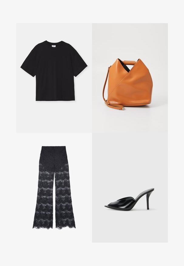 Melna īsām piedurknēm T-krekls, kas izgatavots no kokvilnas. Tam ir brīvs piegriezums, apaļa kakla izgriezums un nav redzamu rakstu vai rotājumu.; Melna mežģīņu platā kāju bikses ar rakstainu dizainu, kas ietver ziedu motīvus un viļņveida malām, piedāvājot caurspīdīgu tekstūru visā biksēs.; Melnas ādas augstpapēžu mūlas ar atvērtu purngalu, vērptu dizainu, gludu tekstūru un šauru stilletu papēdi.; Tan krāsas ādas soma ar unikālu trīsstūra locījuma dizainu, augšējo rokturi un noņemamu plecu siksnu uz balta fona.