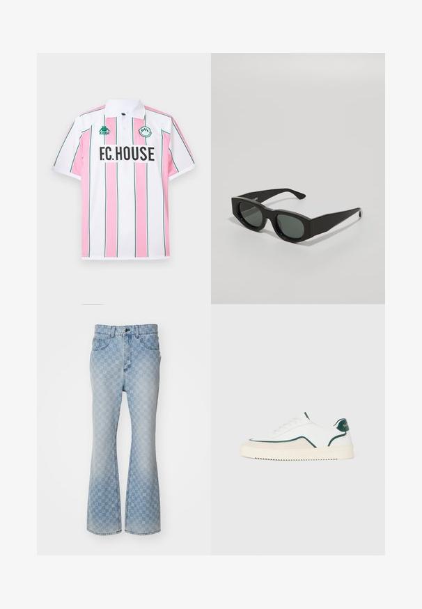 Lühikese varrukaga polo särk valges värvuses, millel on vahelduvad roosa vertikaalsed triibud, rohelised aktsendid ja esiosas julgest mustas kirjas "F.C.HOUSE".; Heledad sinine teksarihm, millel on kogu pinnale kantud logotrükk, viis taskut, nööbikinnitus ja veidi kulunud viimistlus.; Valge madal spordijalats roheline ääris, beežist seemisnahast detailid ja kreemjasvärvi tallaga, millel on sooneline põhi.; Mustad mustad prillid roheliste toonitud läätsedega, paksude raamidega ja lapikute templitega, millel on sile plastikuline tekstuur.