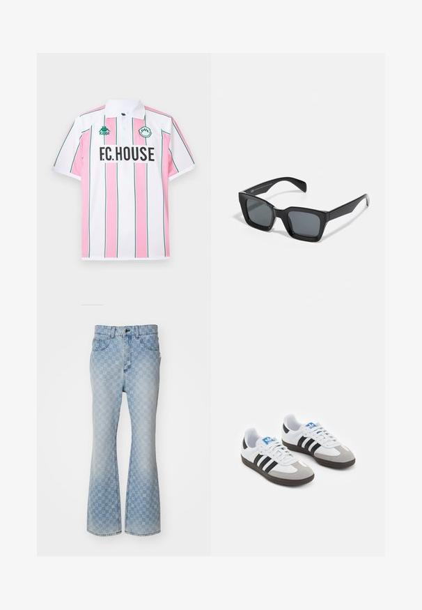 Lühikese varrukaga polo särk valges värvuses, millel on vahelduvad roosa vertikaalsed triibud, rohelised aktsendid ja esiosas julgest mustas kirjas "F.C.HOUSE".; Heledad sinine teksarihm, millel on kogu pinnale kantud logotrükk, viis taskut, nööbikinnitus ja veidi kulunud viimistlus.; Spordijalatsid valge nahkpealsega, halli nubuk-naha otsaga ja kolme musta triibuga. Omab sinist logo keele peal ja struktureeritud kummitalda.; Mustad ristkülikukujulised prillid tumedate läätsedega. Plastist raam, millel on läikiv viimistlus, laia sillaga ja veidi kitsenevad käepidemed.