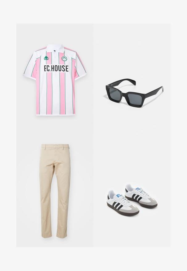 Polo majica s kratkimi rokavi v beli barvi z izmeničnimi roza vertikalnimi črtami, zelenimi poudarki in potiskom "F.C.HOUSE" v krepki črni na sprednji strani.; Bežna bombažna chinos hlače s ravnim krojem, ki imajo ravno sprednjo stran in zanke za pas. Gladka tekstura in minimalne podrobnosti.; Športni čevlji z belim usnjenim zgornjim delom, sivim semišem na prstih in tremi črnimi črtami. Imajo modro logo na jeziku in teksturiran gumijast podplat.; Črne pravokotne sončna očala s temnimi lečami. Plastičen okvir z sijajno površino, širokim mostom in rahlo zoženimi ročaji.