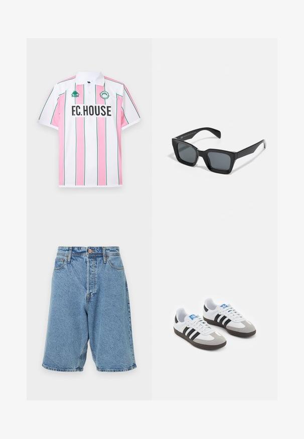 Baltā krāsā īsajām piedurknēm polo krekls ar maiņām rozā vertikālām svītrām, zaļiem akcentiem un melnā krāsā uzdrukātu "F.C.HOUSE" priekšpusē.; Gaišzili džinsu šorti ar izbalinātu tekstūru. Iespējas ar priekšējo pogu aizdari, jostas cilpām un sānu kabatām. Dzelzīgi redzami dūrieni.; Sporta apavi ar balto ādas virsu, pelēku zamšādas purngalu un trim melnām svītrām. Iezīmē zilu logotipu uz mēles un teksturētu gumijas zoli.; Melni taisnstūra saulesbrilles ar tumšiem stikliem. Plastmasas rāmis ar spīdīgu apdari, ar plašu tiltu un nedaudz sašaurinātām kājiņām.