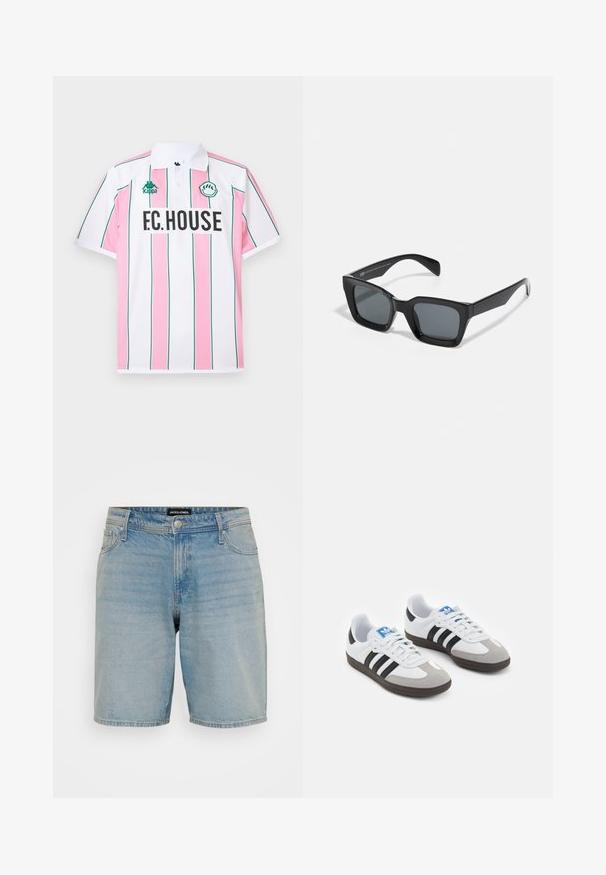 Balta trumpa polo marškinėliai su pakaitinėmis rožinėmis vertikaliomis juostelėmis, žaliu akcentu ir užrašu "F.C.HOUSE" drąsiais juodais rašmenimis priekyje.; Šviesiai mėlyni džinsiniai šortai su laisvu siluetu, penkios kišenės, mygtuko užsegimas ir subtilus audinio tekstūros nudilimas. Matoma prekės ženklo etikėtė.; Sportiniai batai su balta odine viršutine dalimi, pilku zomšiniu priekiu ir trimis juodomis juostelėmis. Ant liežuvio yra mėlynas logotipas, o padas pagamintas iš tekstūruoto gumos.; Juodos stačiakampės saulės akiniai su tamsiais lęšiais. Plastikinis rėmas su blizgiu paviršiumi, turintis plačią tiltelio dalį ir šiek tiek siaurėjančius šonus.