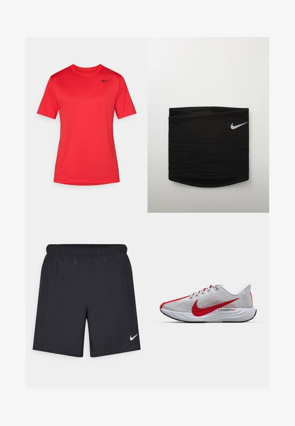 Rode sportieve t-shirt met korte mouwen en een ronde hals, voorzien van een klein zwart Nike swoosh-logo op de bovenste linkerkant van de borst.; Zwarte sportshorts gemaakt van lichtgewicht materiaal met een elastische tailleband. Voorzien van een klein wit Nike-logo aan de onderzijde aan de linkerkant.; De Nike ZoomX hardloopschoen heeft een grijs mesh bovenwerk met rode accenten, een slank ontwerp en een gewatteerde witte tussenzool, ontworpen voor prestaties.; Zwarte atletische tailleband met ribbelstructuur, voorzien van een klein wit Nike swoosh-logo aan de rechterkant. Gladde, strakke uitstraling.
