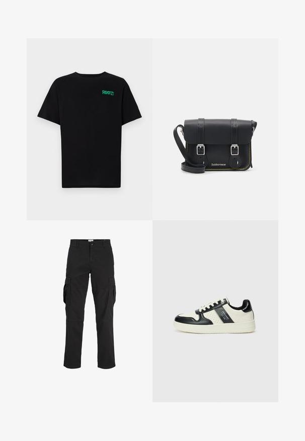 Schwarzes T-Shirt aus Baumwolle mit kurzen Ärmeln. Auf der Vorderseite befindet sich ein grünes "ROOTS"-Logo, es hat einen runden Halsauschnitt und eine normale Passform.; Schwarze Cargo-Hosen aus Baumwolle mit mehreren Seitentaschen, geradem Bein und einer Knopfverschluss am Bund.; Leder-Sneaker in Schwarz- und Cremetönen, mit perforierten Akzenten, einem gepolsterten Kragen und einer strukturierten Laufsohle.; Schwarze Leder-Crossbody-Tasche mit Klappe, zwei silbernen Schnallen, gelben Nähten und einem verstellbaren Tragegurt. Hat eine glatte Textur und ein kompaktes Design.