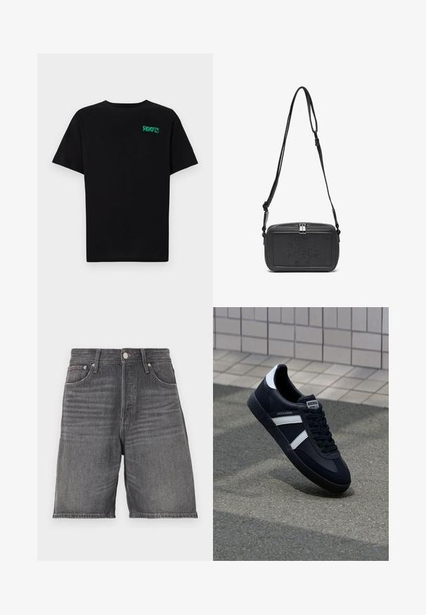 T-shirt noir en coton à manches courtes. Présente un logo "ROOTS" vert sur le devant, un col rond et une coupe standard.; Shorts en denim gris foncé avec une coupe droite. Comprend cinq poches, une taille avec passants de ceinture et une fermeture à bouton.; Sneaker en cuir noir avec des rayures blanches, semelle en caoutchouc texturée et devant à lacets. Présente une étiquette de marque sur la languette.; Sac bandoulière en cuir noir avec une fermeture éclair, logo embossé à l'avant et une sangle réglable. Texture lisse avec une forme rectangulaire.