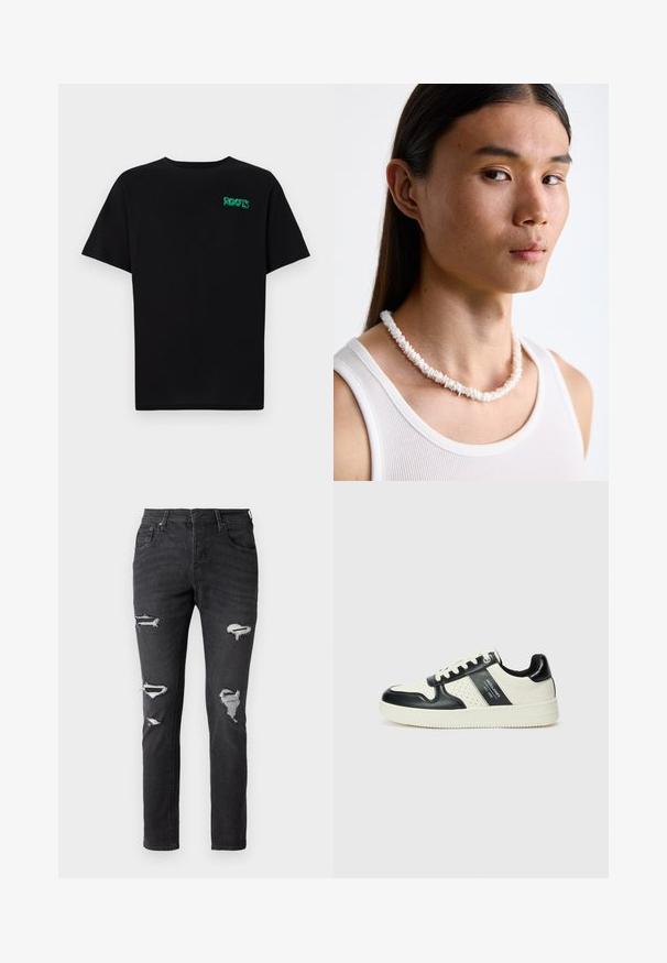 Juodas medvilninis marškinėliai trumpomis rankovėmis. Priekyje yra žalias „ROOTS“ logotipas, apvalus iškirpimas ir standartinė prigludimo forma.; Juoda džinsų audinio kelnės su siauru kirpimu, turinčios kelias nublukimo vietas ir matomus siuvimo akcentus keliuose. Klasikinis penkių kišenių dizainas.; Odiniai sportbačiai juodos ir kreminės spalvų schemoje, su perforuotais akcentais, paminkštinta apykakle ir tekstūruotu padu.; Baltos kriauklės vėrinys, sudarytas iš netaisyklingų formų, nešiojamas virš prigludusio balto maikės. Lygus paviršius su subtiliu blizgesiu, artimai prigludusi konstrukcija.