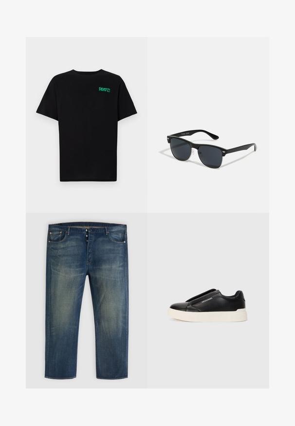 Crna majica kratkih rukava od pamuka. Na prednjem dijelu se nalazi zeleni "ROOTS" logo, okrugli izrez i standardni kroj.; Plave traperice s gumbom, klasičnog dizajna s pet džepova, i izblijedjelim detaljima na bedrima i koljenima.; Crne slip-on tenisice s teksturiranim kožnim gornjištem, bijelim gumeni potplat i bez vidljivih vezica. Sadrži logotip marke sa strane.; Crne sunčane naočale pravokutnog oblika, tamne leće, srebrni detalji na sljepoočnicama i matirajuća završna obrada okvira.