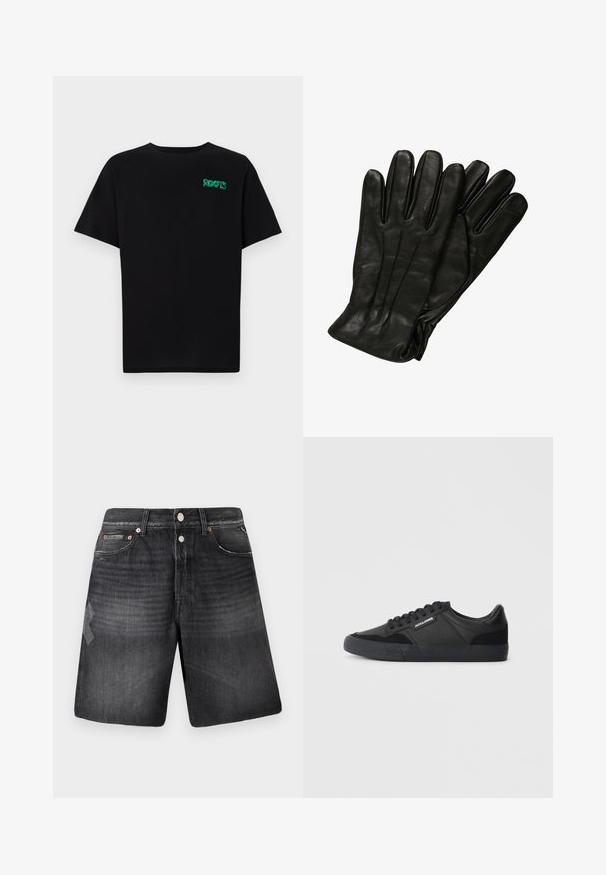 T-shirt preta feita de algodão com mangas curtas. Apresenta um logótipo verde "ROOTS" na frente, gola redonda e corte standard.; Calções de ganga pretos com um acabamento desbotado, apresentando cinco bolsos, acessórios em tom cobre e um design de perna reta.; Sapatilhas pretas com uma mistura de materiais em couro e camurça, apresentando cordões redondos, sola de borracha texturizada e um logótipo da marca na lateral.; Luvas de couro preto com uma textura lisa, cinco dedos e detalhes de costura subtis. Design clássico, adequado para uso em clima frio.