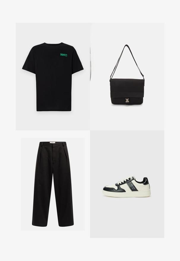 Svart t-shirt i bomull med korta ärmar. Har en grön "ROOTS" logotyp på framsidan, rund halsringning och standard passform.; Svarta byxor med vida ben, framfickor, bältesslingor och en dold knäppning, märkt "Rebel" vid midjebandet.; Läder sneakers med en svart och krämfärgad färgsättning, med perforerade detaljer, en vadderad krage och en strukturerad yttersula.; Svart messenger väska i slät material med en vikbar klaff, silverfärgade spännen och justerbar axelrem.