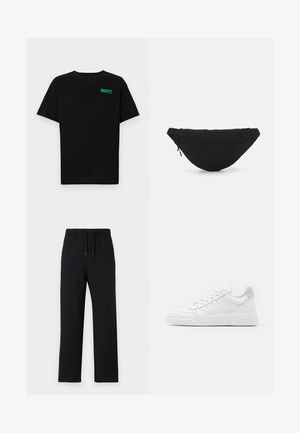Zwarte T-shirt van katoen met korte mouwen. Heeft een groen "ROOTS" logo op de voorkant, een ronde halslijn en een standaard pasvorm.; Jack & Jones JPSTKANE JJCHARGE UNCUFFED - Trainingsbroek - black; Witte leren sneakers met een gladde afwerking, ronde neus, platte veters en een gestructureerde zool. Grijze suède accent bij de hiel.; Zwarte stof heuptas met een afgeronde vorm, voorzak met rits en een gladde textuur. Geen zichtbare patronen of accenten. Lichtgewicht ontwerp.