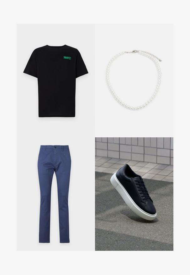 Črna majica iz bombaža z kratkimi rokavi. Na sprednji strani ima zeleno logotip "ROOTS", okroglo ovratnico in standardno prileganje.; Mornarsko modre hlače iz bombaža, z ravnim krojem, sprednjimi žepi, zavezovanjem na gumb in diskretnimi šivi.; Črne usnjene superge z zaobljenim prstom in belim gumijastim podplat. Imajo ravne vezalke in minimalno šivanje na zgornjem delu. Teksturirani podplat za oprijem.; Bela biserna ogrlica z enakomerno okroglo obliko, gladko površino in kovinsko zaponko z raztegnjeno verigo za prilagodljivo dolžino.