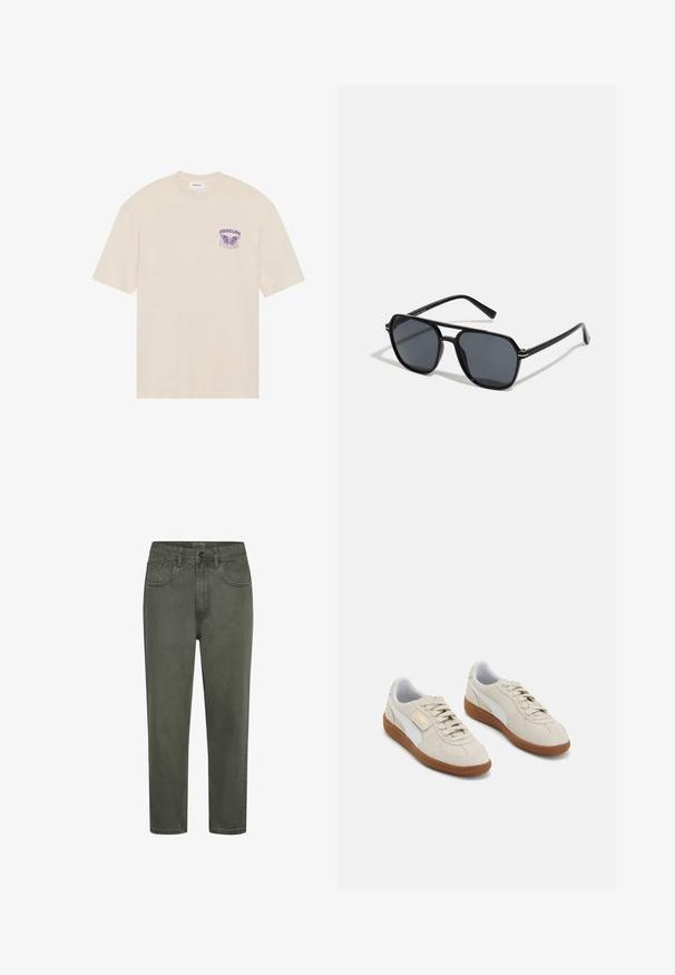 Beige cotton t-shirt featuring a purple butterfly graphic and the word "OBSCURE" on the left chest area, short sleeves, and a rounded neckline.; Green cotton chinos with a straight silhouette, featuring belt loops, front pockets, and a button closure. Smooth texture with minimal stitching.; Beige suede sneakers with white leather accents and brown rubber soles. Features round toe, laces, and a gold logo on the side.; Black sunglases with octagonal frame, dark lenses, glossy finish, thin temples, and gold accents on the front.