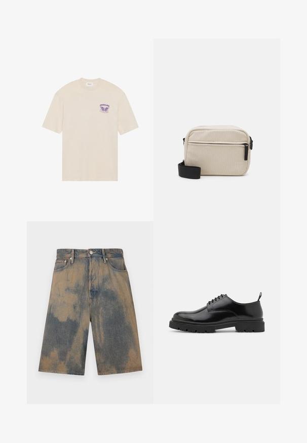 Bežs kokvilnas t-krekls ar purpura tauriņa grafiku un vārdu "OBSCURE" kreisajā krūšu daļā, īsām piedurknēm un noapaļotu kakla izgriezumu.; Denim šorti ar izbalējušu zilu un bēša krāsas tīkla efektu, ar klasisko piecu kabatu dizainu un metāla detaļām.; Melnas ādas siksniņu kurpes ar apaļu purngalu, gludu tekstūru un ar rievotu gumijas zoli. Iezīmējas ar mazu papēdi un cilpu aizmugurē.; Kremkrāsas korsētas pleca soma ar melnu rāvējslēdzēju, noņemamu siksnu un teksturētu rakstu. Ietver vienu galveno nodalījumu un priekšējo kabatu.