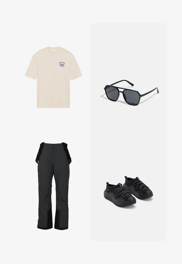 Béžové bavlněné tričko s grafiku fialového motýla a slovem "OBSCURE" na levé části hrudi, krátké rukávy a kulatý výstřih.; Černé voděodolné sněhové kalhoty s nastavitelnými kšandy, širokým střihem nohavic, vyztuženými dolními panely a dvěma knoflíkovými uzávěry v pase.; Černé sportovní boty s texturovanou gumovou podrážkou, polstrovaným textilním svrškem, elastickými tkaničkami a poutky na patě pro snadné obouvání.; Černé sluneční brýle s osmiúhelníkovým rámem, tmavými čočkami, lesklým povrchem, tenkými nožičkami a zlatými akcenty na přední části.
