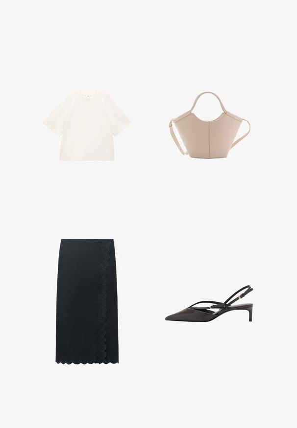T-shirt bianca di cotone oversize con maniche corte, scollatura rotonda e superficie liscia. Senza motivi o dettagli metallici visibili.; Gonna nera fino al ginocchio con bordo in pizzo scallopato lungo il lato destro e l'orlo, caratterizzata da motivi floreali intagliati.; Pump slingback nera in pelle con punta affusolata, sottili cinturini alla caviglia e tacco a stiletto basso. Texture liscia con design minimalista.; Borsa in pelle beige con una forma unica, caratterizzata da due manici corti e una lunga tracolla regolabile. Texture liscia con hardware minimale.